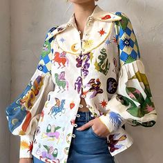 Lasaky - Vintage Printed Fashion Shirt with Stylish Mandarin Collar and Single-Breasted Closure Mode Prints, Vintage Blouse, Weave Style, Loose Outfit, Turndown Collar, Boho Print, Collar Top, Lantern Sleeve, Mode Vintage