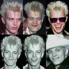 four pictures of men with blonde hair wearing sunglasses and hats, one is smiling at the camera