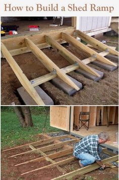 how to build a shed ramp in the backyard with pictures on it and below, there is