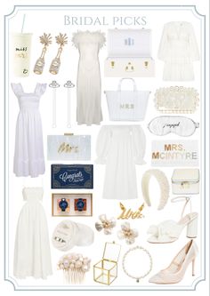 a collage of white wedding items including shoes, bracelets, and necklaces