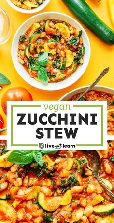 vegan zucchini stew in a white bowl on top of a yellow table