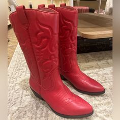 Never Worn And In Perfect Condition. Size Women's 6.5. Bought For $50 Western Style Red Mid-calf Boots For Fall, Casual Red Mid-calf Boots For Fall, Red Western Style Mid-calf Boots, Trendy Fitted Red Mid-calf Boots, Trendy Red Boots For Spring, Red Casual Mid-calf Boots With Round Toe, Red Boots For Spring, Red Cowgirl Boots, Cowgirl Boots