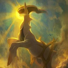 a painting of a horse in the sky with clouds and sun shining behind it's back