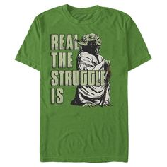 Deep in the swamps of Dagobah lies the Star Wars Yoda Real the Struggle Is Men's T-Shirt. Yoda stands next to the letters that read "Real the Struggle Is" printed on the front of this funny Star Wars shirt. Size: 3xl. Color: kelly green. Gender: male. Age Group: adult. Pattern: fictitious character. Material: Cotton. Star Wars Quotes Yoda, Funny Star Wars Shirts, Funny Star Wars, Yoda Quotes, Star Wars Shirt, Star Wars Quotes, Star Wars Men, Star Wars Tshirt, Star Wars Yoda