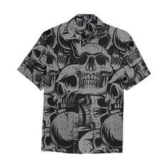 Silver Skulls Hawaiian Shirt With Chest Pocket This hawaiian shirt features a silver skull design Details: 95% polyester & 5% spandex 9.10 Oz Lightweight and comfortable with a regular fit Features a V-neck with side slits and short sleeves and one chest pocket Washing instructions - Cold non-chlorine washing solution temperature should not exceed 45ºC or 104ºF. Do not tumble dry. Iron with a cover Check out more shirts HERE *This product is custom made on demand. T58 Beach Skull Print Short Sleeve Top, Short Sleeve Skull Print Beach Top, Summer Skull Print Streetwear Shirt, Summer Skull Print Shirt For Streetwear, Skull Print Short Sleeve Beach Top, Summer Streetwear Shirt With Skull Print, Beach Short Sleeve Top With Skull Print, Casual Halloween Shirt With All Over Print, Fitted Short Sleeve Shirt With Skull Print