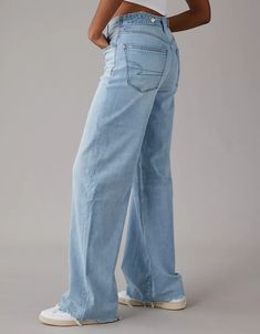 AE Dreamy Drape Stretch Super High-Waisted Baggy Wide-Leg Jean Big Pants Small Shirt, Baggy Wide Leg Jeans, White Jeans Men, Curvy Jeans, Best Jeans, Women Denim Jeans, Pants Jeans, School Fashion, Baggy Jeans