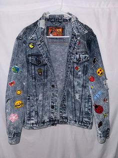 Unique and edgy acid washed distressed Jean jacket.  Designed with colorful patches and vinyl. high-Quality made and crafted. Unisex in a size medium. Jean Jacket With Patches, Jacket With Patches, Jean Jacket Patches, Distressed Jean Jacket, Sacramento, Jean Jacket, Favorite Outfit, Bathing Beauties, Jackets & Coats