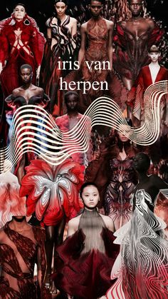 a collage of models in red and black with the words iris van herpen