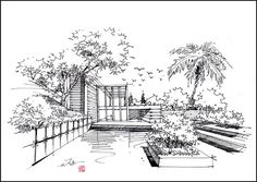 a drawing of a garden with trees and plants