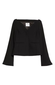 Tailored from the house Heritage Crepe, this sleek jacket brings dramatic flair with a curved portrait neckline and wide flared cuffs. 21" length (size 38 EU) Hidden-closure placket Portrait neck Four-button cuffs Front welt pockets Cupro lining 52% viscose, 26% polyamide, 18% wool, 4% elastane Dry clean Imported Designer Clothing Black Long Sleeve Blazer With Structured Boning, Black Blazer With Structured Boning And Long Sleeves, Black Structured Boning Outerwear For Evening, Elegant Black Outerwear With Structured Boning, Structured Shoulder Outerwear For Evening, Chic Structured Blazer With Boning, Sleek Long Sleeve Outerwear With Structured Shoulders, Chic Evening Outerwear With Structured Boning, Evening Structured Outerwear With Notch Lapel