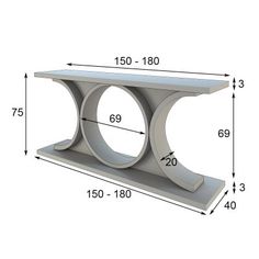 the height of a console table with two circular bases and measurements for each section, including the