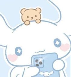 a cartoon character holding a cell phone with a teddy bear sitting on top of it