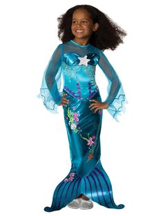 Get your kids this fabulous outfit from under the sea! Dress them up in the Magical Mermaid Toddler/Child Costume! The full-length blue dress has a few nautical designs including a white starfish sequin. The striped finny finish and sheer sleeves totally make your girls the underwater princess they've dreamed of becoming. Order it today! Toddler Fish Costume, Princess Ariel Dress, Princess Dress Patterns, Mermaid Halloween Costumes, Fish Costume, Magical Mermaid, Mermaid Halloween, Voile Dress, Bubble Guppies