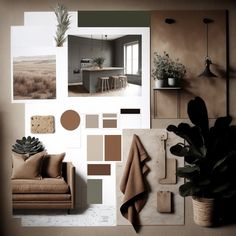 a living room filled with furniture next to a wall covered in brown and white pictures