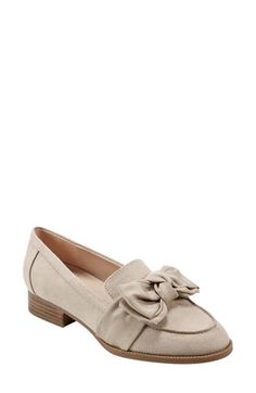 A sophisticated bow details the vamp of a slip-on loafer for a casual chic attire. Sizing: True to size. M=standard width. 1" heel Round apron toe Bow detail Slip-on Synthetic upper, manmade sole Imported The Vamps, Bow Detail, Light Beige, Loafer Shoes, Casual Chic, Apron, Loafers, Slip On, Nordstrom