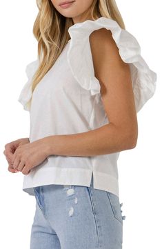 Fluttering ruffle sleeves frame this charming day-to-night top crafted from breezy cotton. Crewneck Short sleeves 100% cotton Hand wash, dry flat Imported Summer Ruffle Top With Flutter Sleeves, Summer Tops With Ruffles And Flutter Sleeves, Casual Cotton Flutter Sleeve Tops, Casual Cotton Tops With Flutter Sleeves, Cotton Butterfly Sleeve Top For Summer, Summer Cotton Top With Butterfly Sleeves, Summer Cotton Tops With Butterfly Sleeves, Casual Puff Sleeve Top With Ruffle, Summer Tops With Ruffles And Butterfly Sleeves