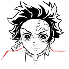 a drawing of an anime character with black hair and red lines on the side of his face