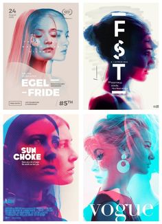 four different colored posters with the same woman's face and words on each side