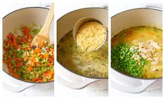 three pictures showing the process of making soup with vegetables and rice in a pot, including peas, carrots, and other ingredients