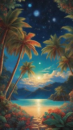 a painting of palm trees and the ocean at night