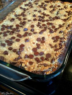 a baking dish with chocolate chips on top