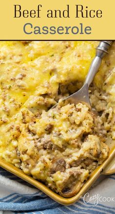 beef and rice casserole in a yellow dish with a serving spoon