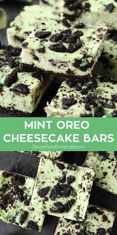 mint oreo cheesecake bars stacked on top of each other with the text overlay