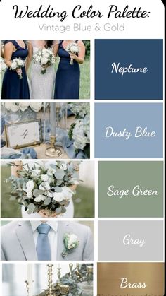 the wedding color palette is blue, grey, and gold with white flowers on it