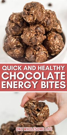 chocolate energy bites stacked on top of each other with text overlay that reads quick and healthy chocolate energy bites