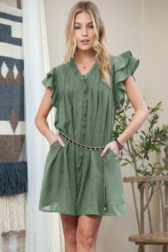 Ruffle Sleeve V neck Green Chic Mini Dress, Ruffled Sleeves, Ruffle Dress, Green Dress, Fashion Games, Black Dress, Charms, Ships, Mini Dress