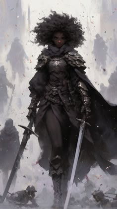 a woman in armor holding two swords and standing next to other people on the ground