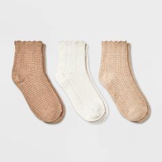 Women's Scallop Edge 3pk Ankle Socks - Universal Thread™ Oatmeal/Cream/Brown 4-10 Stitch Socks, Fall Socks, 6 Pack Women, Oatmeal Cream, Ankle Socks Women, Sock Drawer, Pink Ivory, Sock Packs, Scallop Edge