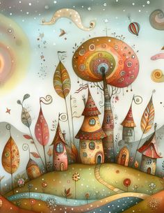 an artistic painting with houses and trees in the sky, surrounded by colorful swirls