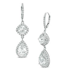 Beautifully crafted, these exquisite drop earrings make that special evening out a memorable occasion. Fashioned in sterling silver, these styles pair cushion-cut and pear-shaped lab-created white sapphires, each bordered with frames of smaller white sapphire accents, together in an elegant drop. The earring fronts also glisten with white sapphire accents. Polished to a brilliant shine, these dramatic drops suspend from and secure with lever backs. Formal Teardrop Chandelier Earrings With Diamond Accents, Teardrop Chandelier Earrings With Diamond Accents For Formal Occasions, Formal Diamond Cut Teardrop Earrings, Formal Teardrop Sterling Silver Bridal Earrings, Formal Diamond-cut Pear Teardrop Earrings, Formal Pear-shaped Diamond Cut Teardrop Earrings, Formal Teardrop Pear-shaped Diamond Cut Earrings, Formal Sterling Silver Teardrop Bridal Earrings, Elegant Teardrop Diamond Cut Chandelier Earrings