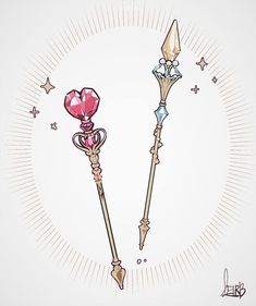 two decorative stick with hearts and stars on them, one has a crystal heart in the middle