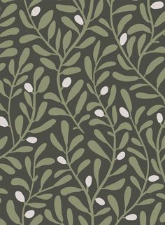 a green and white leafy pattern on a black wallpaper with small white dots