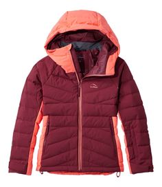 Weather-resistant fabrics and mountain-ready features meet cozy quilting for a ski jacket that keeps kids warm and protected on and off the mountain. Slightly Fitted. Lined in 100% recycled polyester. Windproof, water-resistant shell made from 100% recycled polyester. PFC/PFAS-free durable water repellent (DWR). Warm, water-repellent DownTek™ down insulation maintains its loft even when wet. Machine wash and dry. Helmet compatible hood. Two zippered hand pockets, one zippered sleeve pocket perfe Winter Hooded Quilted Jacket With Double-lined Hood, Quilted Jacket With Double-lined Hood For Fall Outdoor, Casual Quilted Jacket With Double-lined Hood For Outdoor, Winter Nylon Quilted Jacket With Double-lined Hood, Fleece-lined Outerwear For Snowboarding, Ski Pass, Kids Outerwear, Ll Bean, L L Bean