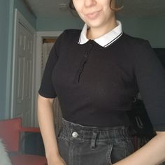 Selling This Never Worn Crop Top From Asos. Peter Pan/Polo Collar. Ribbed. Lots Of Stretch. Some Dust From Storage. Will Be Laundered Before Shipping. Split Hem. Super Flattering. Jeans Are Also For Sale In My Shop! Approximate Measurements (As Seen In Photos): 14.5" Bust 17.5" Length Make An Offer! Black Collared Top With Striped Collar, Trendy Black Tops With Striped Collar, Black Top With Striped Collar For Work, Black Tops With Striped Collar For Workwear, Collar Crop Top, Flattering Jeans, Brave Soul, Polo Collar, Split Hem