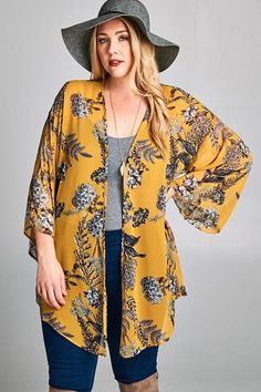 A sweet and airy chiffon kimono V-neck Floral Print Kimono For Fall, Bohemian Chiffon Kimono For Summer, Bohemian Summer Chiffon Kimono, One Size Floral Print Outerwear For Summer, One Size Summer Floral Print Outerwear, Summer Floral Print Outerwear One Size, Summer Floral Print One-size Outerwear, Summer Floral Outerwear One Size, Chiffon Kimono For Spring Vacation