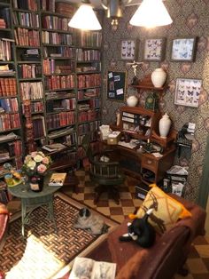 a living room filled with lots of books and furniture