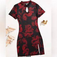 Soft, And Fitting To The Curves. Red And Black With A Tiny Cute Slit In The Front Corner. Never Worn! Chinese Traditional Dress, Tank Top Skirt, Qipao Dress, Dragon Print, Shein Dress, Chinese Dragon, Chinese Dress, Side Split, Traditional Dresses