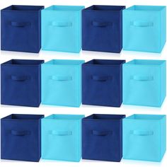 six blue storage bins with handles on each side