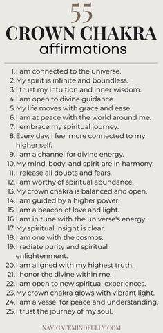 crown chakra healing affirmations Crown Chakra Healing Affirmations, Spiritual Affirmations For Women, Intuition Affirmations, Crown Chakra Affirmation, Chakra Healing Affirmations, Bedtime Affirmations, Chakra Balancing Meditation, Crown Chakra Healing, Manifestation Prayer