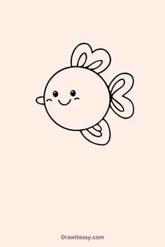 A simple line drawing of a round fish with heart-shaped fins, smiling. Drawing Cute Aesthetic, Outline Ideas, Drawing Designs