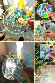 four different pictures show the inside of a glass plate with images of flowers and butterflies on it