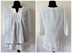 Vintage White top/tunic with crochet details. Material - 100% viscose Made in India Label size L Measurements armpit to armpit 20.5''/52cm length 30''/77cm sleeves 17''/43cm Very good condition condition Bohemian Tunic Top With Lace Trim, Fitted Lace Work Top For Beach, Summer Beach Tops With Lace Sleeves, Fitted Beach Blouse With Crochet Trim, Fitted Crochet Lace Blouse For Vacation, White Viscose Beach Tops, Fitted Bohemian Blouse With Crochet Trim, Fitted Crochet Trim Blouse For Vacation, White Peasant Top With Lace Trim For Beach