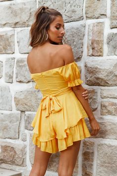 Yellow Off-shoulder Dress For Brunch, Yellow Off-shoulder Brunch Dress, Yellow Off-shoulder Mini Dress For Vacation, Cute Yellow Bubble Romper For Playwear, Summer Yellow Off-shoulder Mini Dress, Daisy Ideas, Shorts Design, Yellow Romper, Off Shoulder Romper