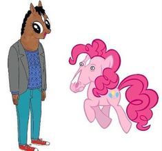 a man standing next to a pink pony on top of a white background and another cartoon character behind him