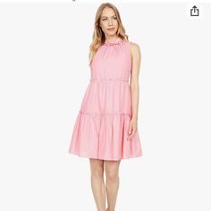 Vince Camuto Linen High Neck Ruffle Tier Dress Pink Tiered Midi Sundress, Casual Pink Tiered Midi Dress, Pink Knee-length Midi Dress For Daywear, Pink Tiered Midi Dress For Daywear, Feminine Pink Daywear Mini Dress, Feminine Pink Mini Dress For Daywear, Casual Pink Tiered Mini Dress, Pink Tiered Midi Dress For Spring, Pink Mini Dress For Spring Daywear