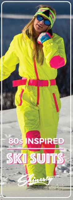 a woman in yellow ski suit walking through the snow with text overlay that reads 80 inspired ski suits